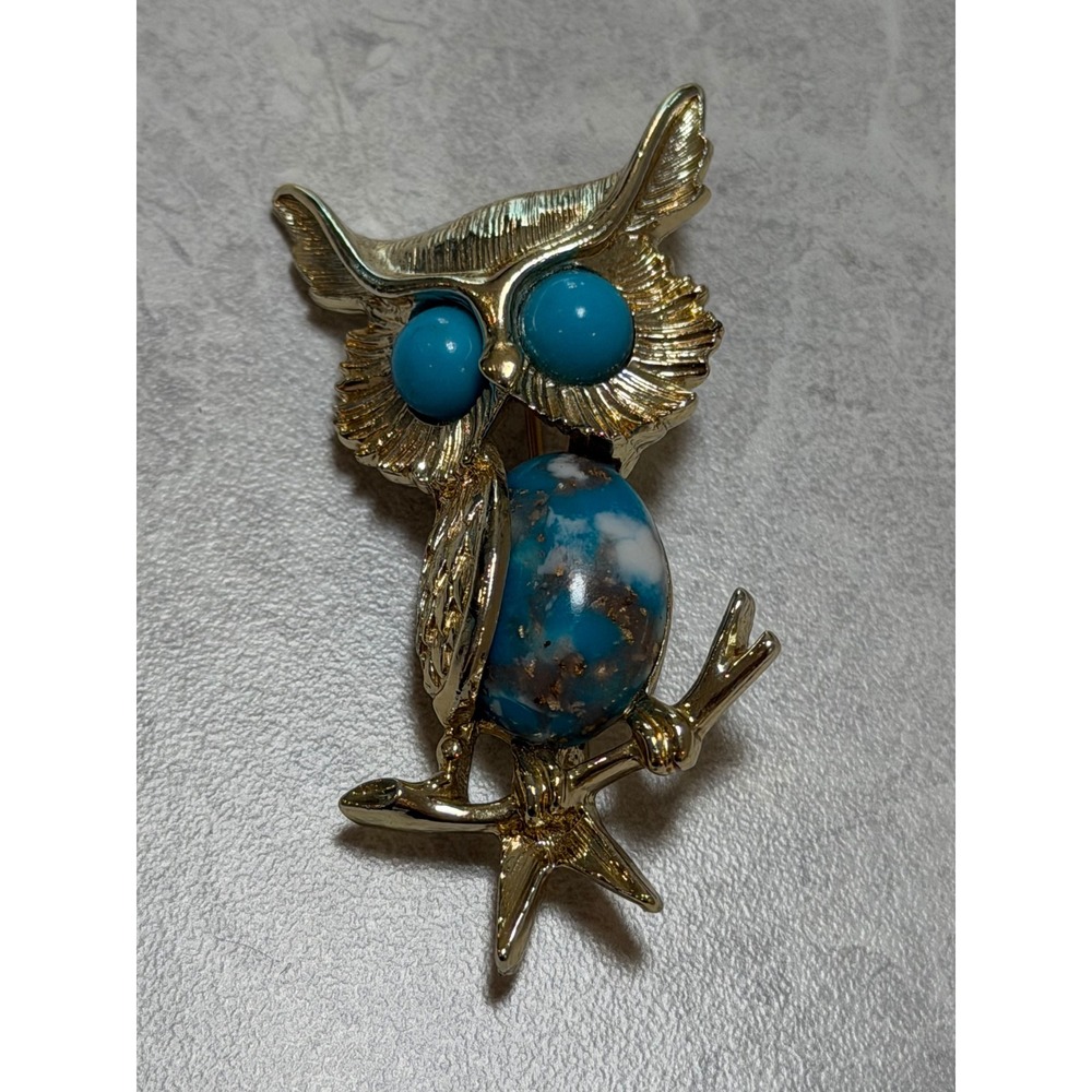 Vintage Emmons Gold Tone Owl Brooch Faux Turquoise Art Glass Belly Pin